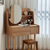 [이번달 추가할인] 레이디가구 스칸딕 엔틱 원목 수납 선반 입식 화장대 콘솔 (원형 거울) 방문설치, 내추럴