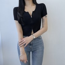 VANANA2 여성 유니크 투웨이 크롭 골지 반팔 티셔츠
