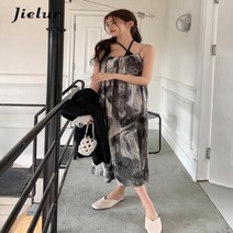 프린트 중국 스타일 홀터 맥시 드레스 여성용 세련된 우아한 캐주얼 스파게티 스트랩 심플한 쉬폰