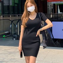 [바보사랑] 드림인 골지 딥 브이넥 골지 슬림핏 타이트 반팔 미니 원피스
