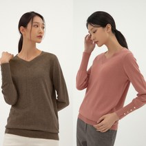 [지센] 여성 메탈 V넥 소매단추 니트티 (색상2종)