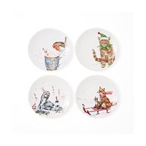 Royal Worcester Wrendale Designs 6.5인치 쿠페 플레이트 4개 세트 나무늘보 로빈 여우 고양이 모티프 본차이나로 제작 식기세척기 안전 전자레