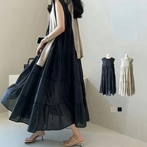 여름 여성 시폰 원피스 풀오버 단색 롱스커트 민소매 A라인 스커트 통근 라운드넥 원피스