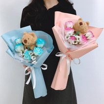 오늘의꽃 쿼카 인형 비누장미 꽃다발, 선물용쇼핑백, 블루