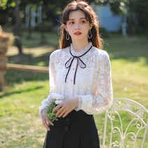 여성 리본 레이스 블라우스 쉬폰 셔츠 여성용 긴팔 가을레이스 바닥 셔츠 리본탑 서양식 미니 셔츠