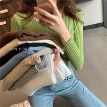 광스라이프 여성용 가을 베이직 슬림핏 딥라운드 브이넥 니트 긴팔티