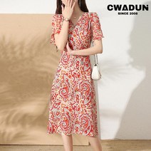Cwadun 브이넥 플로랄 쉬폰 원피스