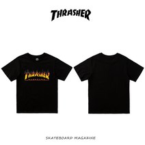 Thrasher T-shirt 트레셔 플레임 로고 여름철 순면 반팔 그라데이션 옐로우 불길-검정색