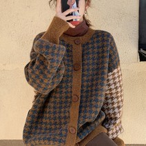 수피 간절기 격자 니트 스웨터 여성 가디건 울 루즈핏