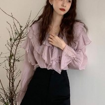 협력브랜드 러블리 A라인 이중카라 브이넥 프릴 블라우스