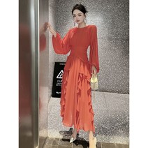 분위기 원피스 프릴 초롱소매 튜닉 쉬폰 롱스커트