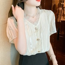 여성 여자 데일리 블라우스 캐주얼 러블리 레이스 반팔 여름 상의 단추 버튼 하객룩 데이트룩