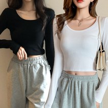 주디앤 여성 슬림 탑 크롭 기본 긴팔티 2P