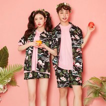남여공용 커플비치웨어 블랙 플라밍고남방 블랙플라밍고남방 하와이안셔츠 여행커플룩 비치남방