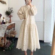 플라워 자수 레이스 프릴 차이나넥 아이보리 블랙 루즈핏 롱 원피스