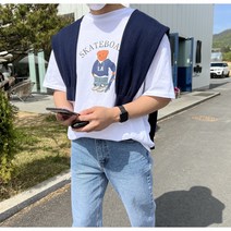 Skate LA 스트릿 테디 베어 남녀공용 커플 시밀러 루즈 오버핏 곰돌이 반팔 티셔츠