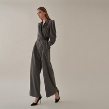 벨트set 새틴 카라 긴팔 정장 와이드 점프수트 블랙 그레이