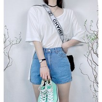 꾸꾸꾸 밑단 옆트임 워싱 3부 데님 청 반바지
