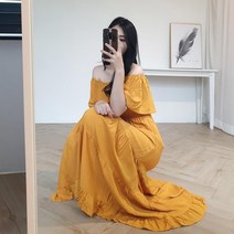 옷자락 여자 방콕 여행룩 오프숄더 프릴 캉캉 노랑 롱원피스
