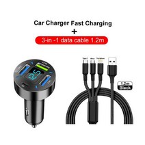 가정용전기차충전기 주행 커넥터 66W 4 포트 USB 차량용 충전기 고속 충전 PD 3.0 C 휴대폰 어댑터 아이폰 13 12 샤오미 삼성, 4USB 3in1data cable