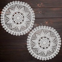Qxzvzem 2피스 30 5cm12인치 도일리 크로셰 드레서 및 엔드 테이블 공예 일회용 작은 발렌타인 천 레이스 플레이스 매트 컵받침 화이트 면 라운드 식탁보 USA 미국, White