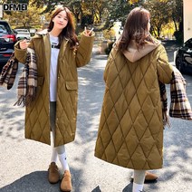 DFMEI 겨울 아가일 체크 롱 도톰 패딩 코트