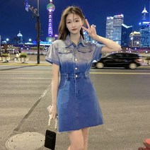 여성 반팔 데님 미니 원피스 캐주얼 A라인 카라넥 청 원피스 데님 스커트 데일리 오피스룩