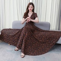 2021V 칼라 쉬폰 원피스 여성용 여름 레오파드 프린트 롱 스커트 보헤미안 비치 해변 휴가