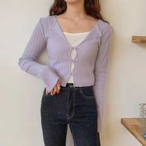 여자 연보라 슬렌더룩 트임 키작녀 크롭 숏가디건