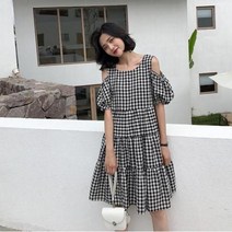 [뽐나] 여성 빅사이즈 캐주얼 베이직 심플 단색 체크 무늬 오프숄더 프릴 포인트 캉캉 롱 원피스