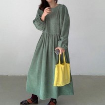 파티드레스 세련된 한국 스타일 라운드 넥 플리츠 하이 웨이스트 롱 퍼프 슬리브 코듀로이 드