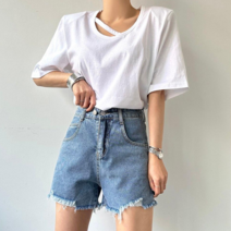 [엘샾] 여성 오버핏 라운드넥 사선끈 어깨패드 반팔 이너 티셔츠