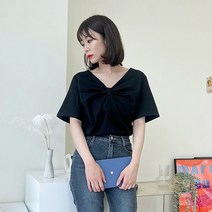 빅사이즈 파필론 브이넥 트위스트 리본 꼬임 반팔 티셔츠 바스트 포인트 크로스 드레이핑