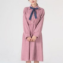 귀여운 리본타이 여자 셔츠카라 미디 긴팔 원피스 깔끔한