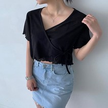 리피아 프릴 랩 리본 반팔 니트 크롭 블라우스 티셔츠 비치웨어 빅사이즈 여자 여성 V넥 오렌지