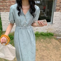 [랜덤플레이] 퍼프소매 브이넥 프렌치 미디 원피스
