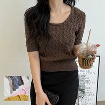 (희수마케팅) 여성 최신의류 여자 U넥 꽈배기 세미크롭 반팔 니트티 스탠다드 핏