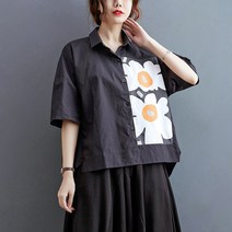 도오빠 뉴모엔 여성 반팔 셔츠 블라우스 카라넥 7부 소매 꽃무늬 플라워 프린팅 남방 여름 여자셔츠 프리사이즈