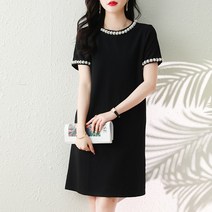 아나운서원피스 우아한 라운드넥 비즈 플라워 블랙 레이스 포인트 루즈핏 키작녀 고급 격식