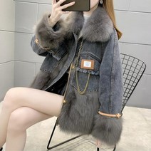 여우털조끼 폭스퍼자켓 폭스베스트 모피베스트 겨울 데님 스티칭 폭스 퍼 파카 영 다운