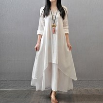 ANYOU 여성 중년 면마 루즈핏 데일리 봄 원피스 여름 빅사이즈 엄마 롱원피스