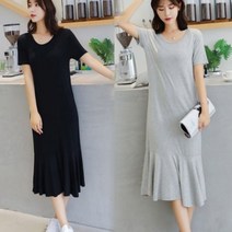 밑단 플레어 반팔 라운드 롱원피스 기본 슬림 데일리