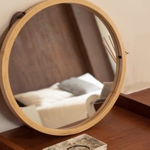 가죽스트랩 벽걸이 원형 인테리어 원목 거울 / 현관 감성 디자인 데코 침실, 우드