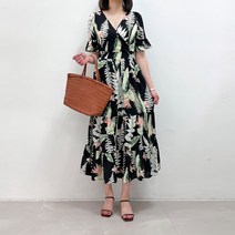 시원한 아사면 플라워 나염 브이넥 나팔소매 허리밴딩 A라인 반팔 맥시 롱 랩원피스 바캉스
