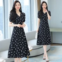 여성 여름 셔링 브이넥 아트 플라워 프렌치 원피스 퍼프 소매 반팔 하객 미디스커트