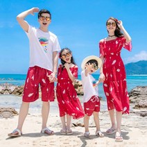 패밀리 바캉스룩 3-4인 가족룩 휴가지 패션아이템 북유럽풍 커플룩 레드 쉬폰원피스 모녀원피스