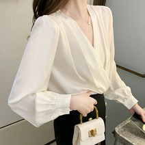 여성용 구김적은 브이넥 랩 긴팔 블라우스