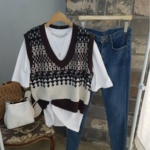 상상그이상 여성용 기학조끼 니트 20수 면티셔츠 코디세트 브이넥 베스트 간절기 레이어드 배색 조끼세트 캐주얼룩