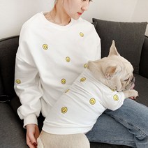 강아지옷 자수 스마일 맨투맨 반려견커플룩 티셔츠 세트, 화이트