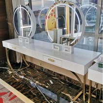 미용실경대 미용실 거울 테이블 양면 LED 조명 가변 색상 거울 모조 대리석 탁상 스테인레스 스틸 테두리, 3.4 people